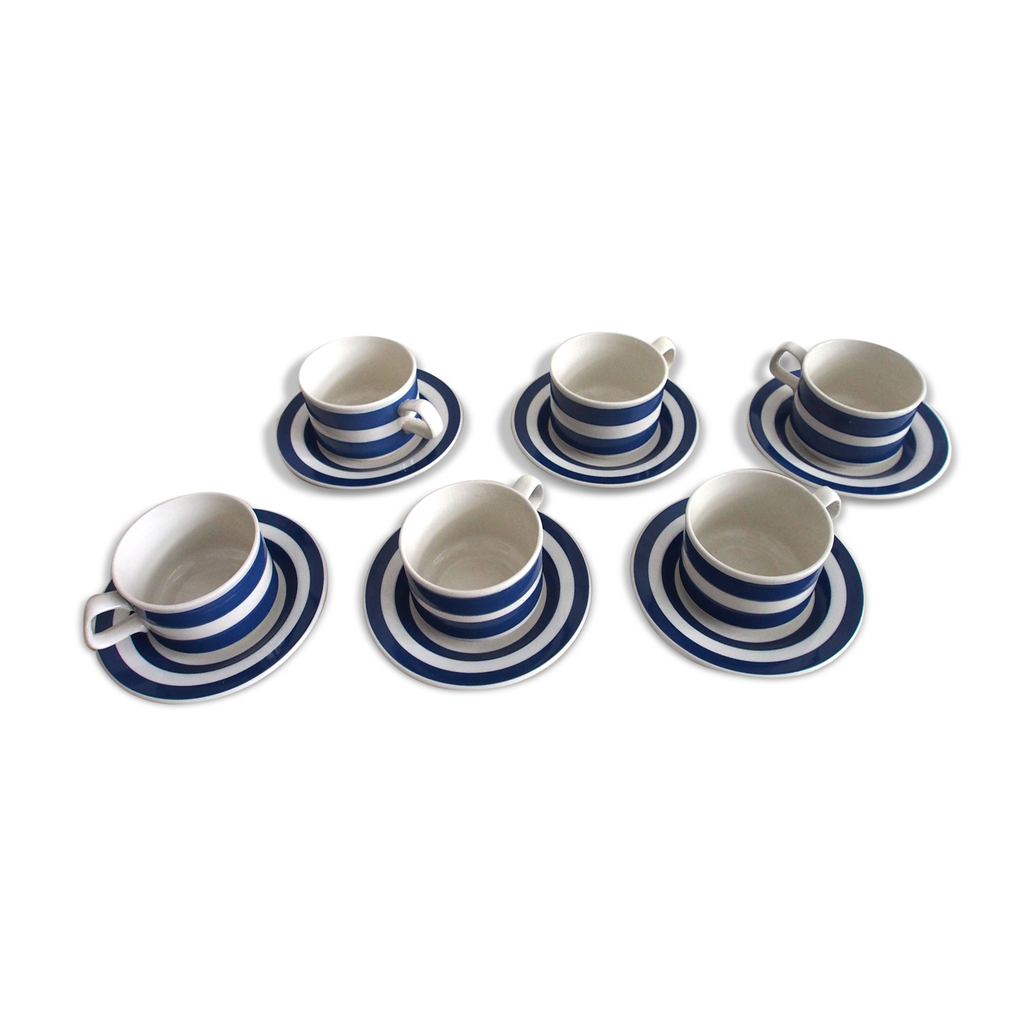 Series of 6 coffee cups in faience with blue stripes with saucers