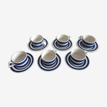 Série de 6 tasses à café en faience à rayures bleues avec soucoupes