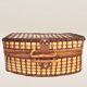Wicker picnic basket, blue gingham interior.