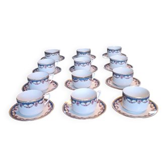 Set of 9 cups and 12 plates in P.N. Lamotte porcelain – blue decoration