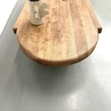 XXL oval coffee table in solid oak, cylindrical base, 1950s.