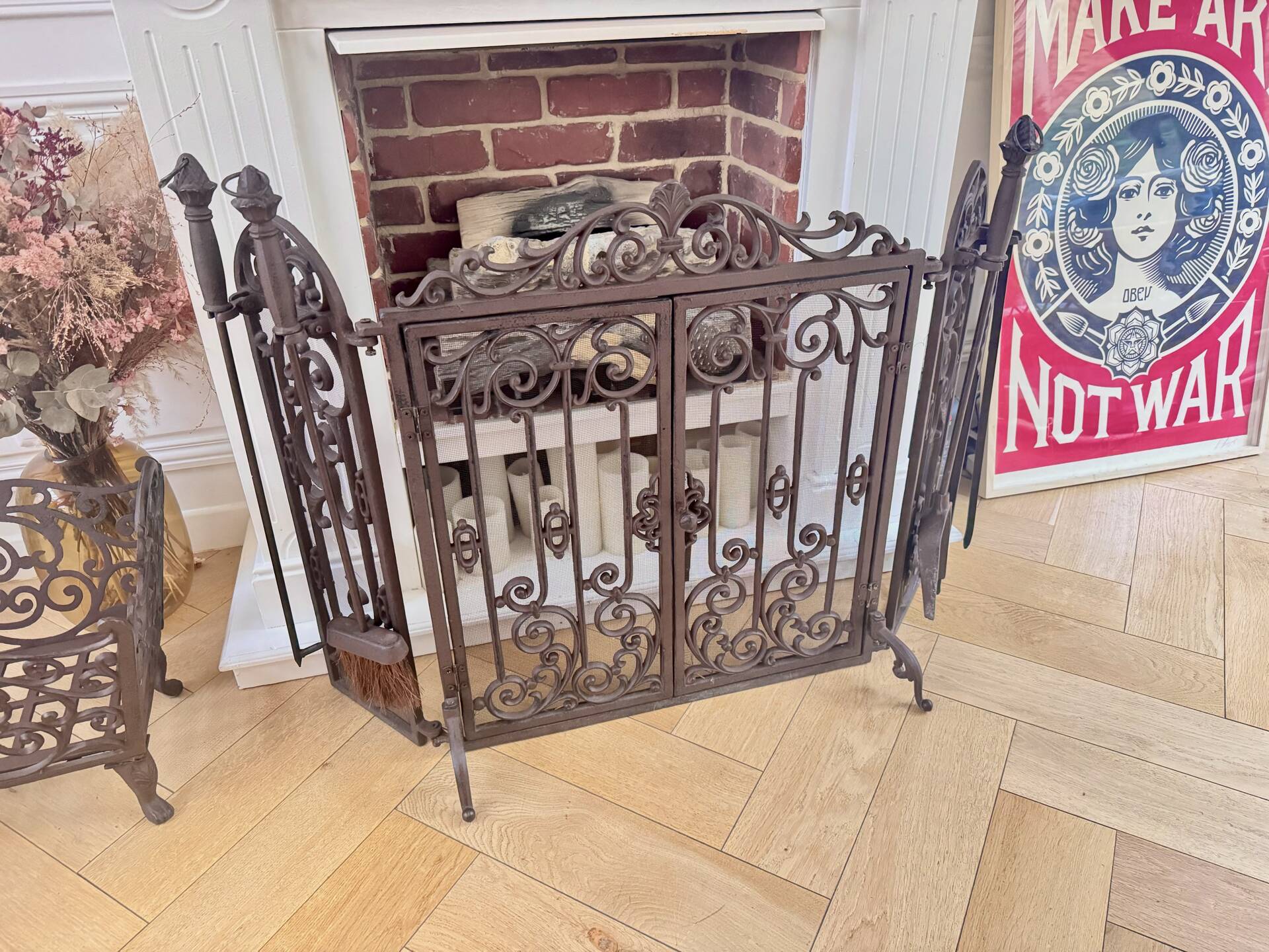 Wrought iron fire screen set with log basket, accessories.
