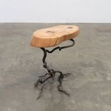 Brutalist artisanal wrought iron and slab wood side table