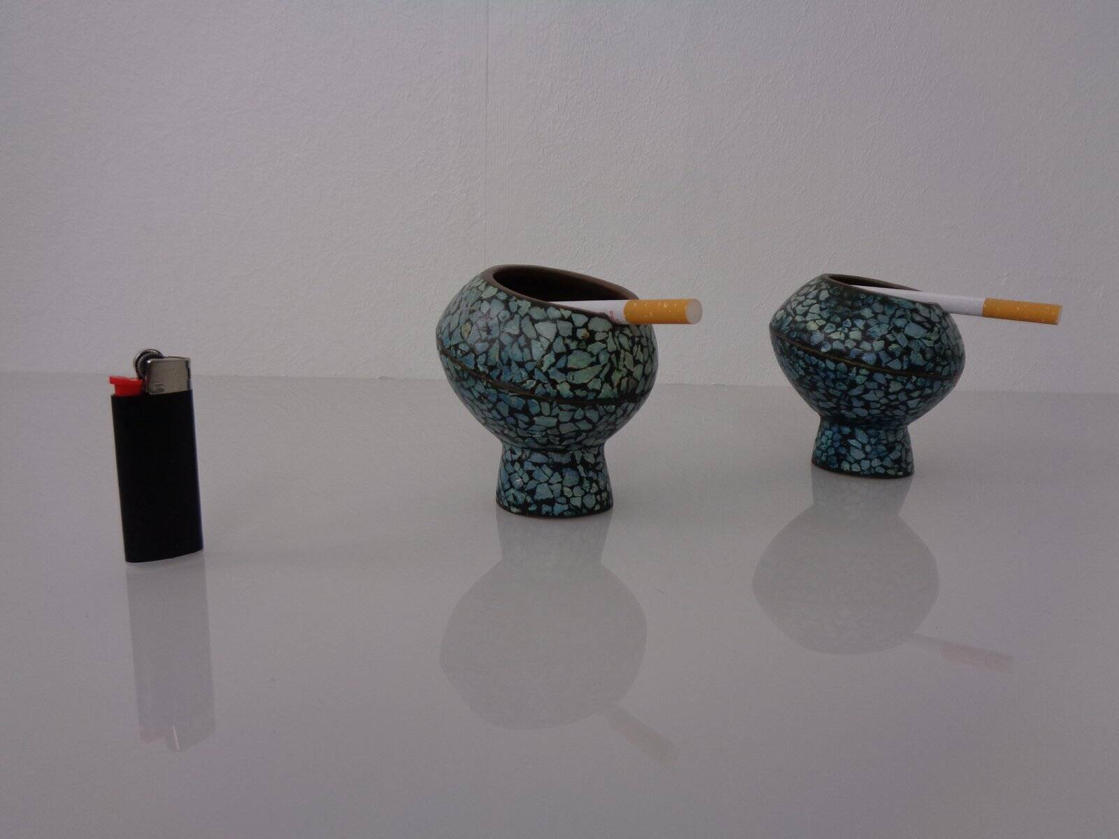 Vintage Indian Copper & Turquoise Stone Ashtrays, 1960s, Set of 2