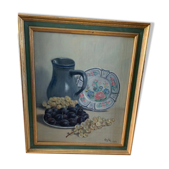 Tableau Nature morte "les raisins" de 1974 du peinte Cégla