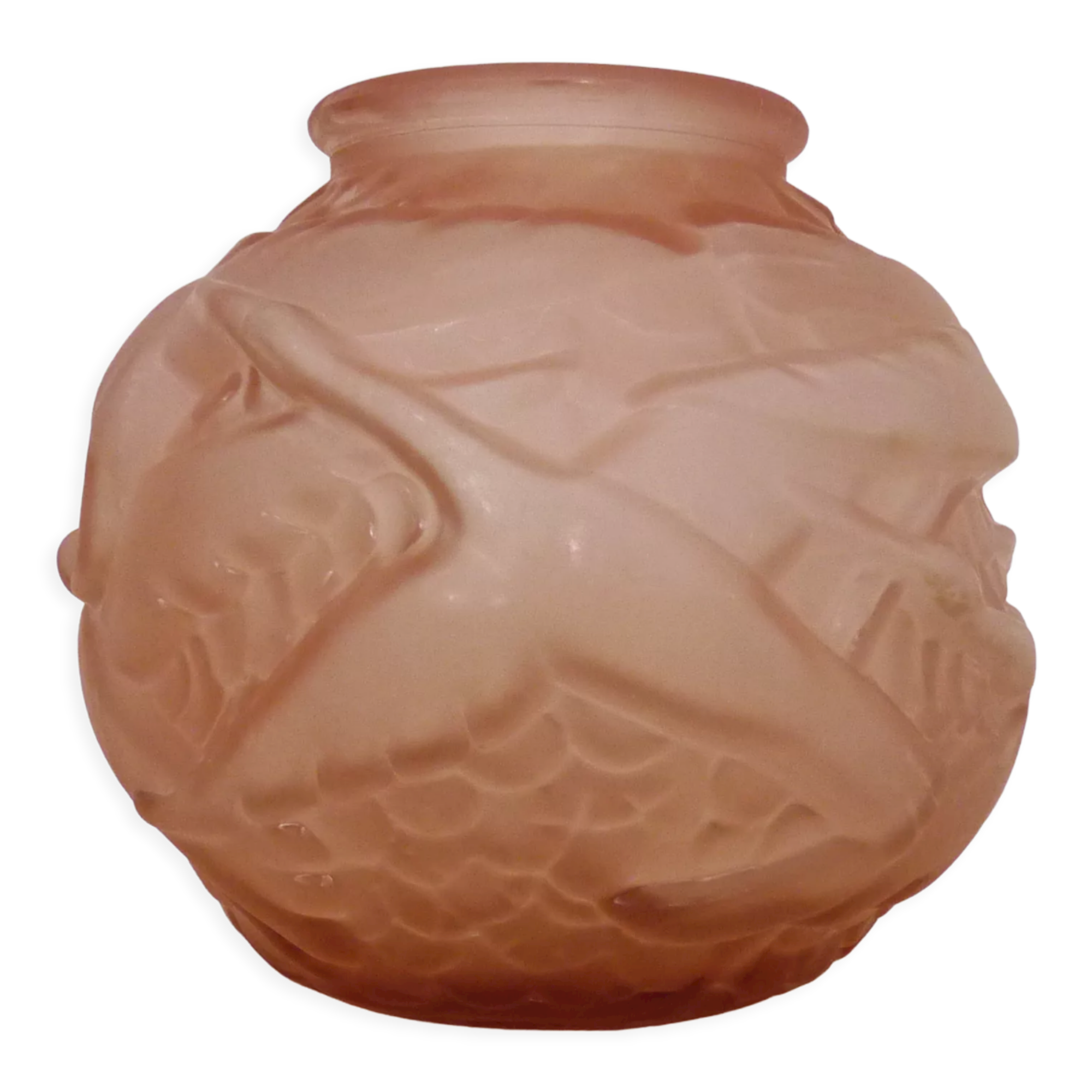 Art deco ball vase in pink glass paste with bird decoration