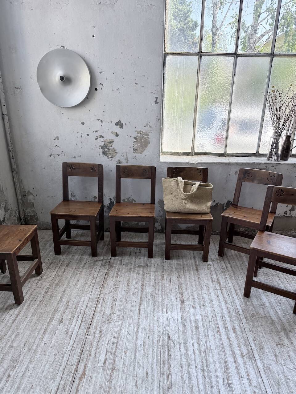 Set of 4 Savoyard pine folk art chairs from the 1950s.