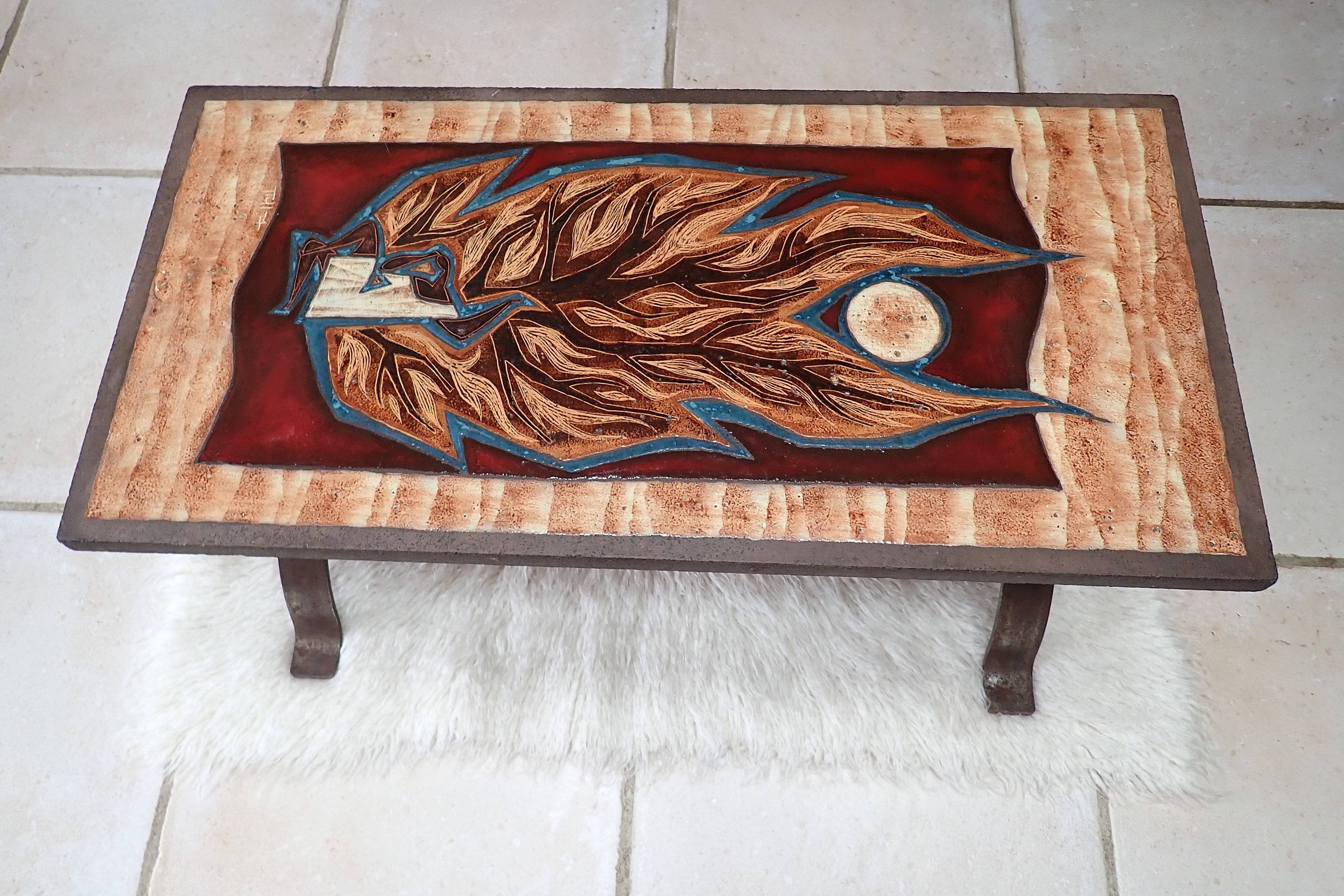 Enameled lava coffee table by Jean Jaffeux