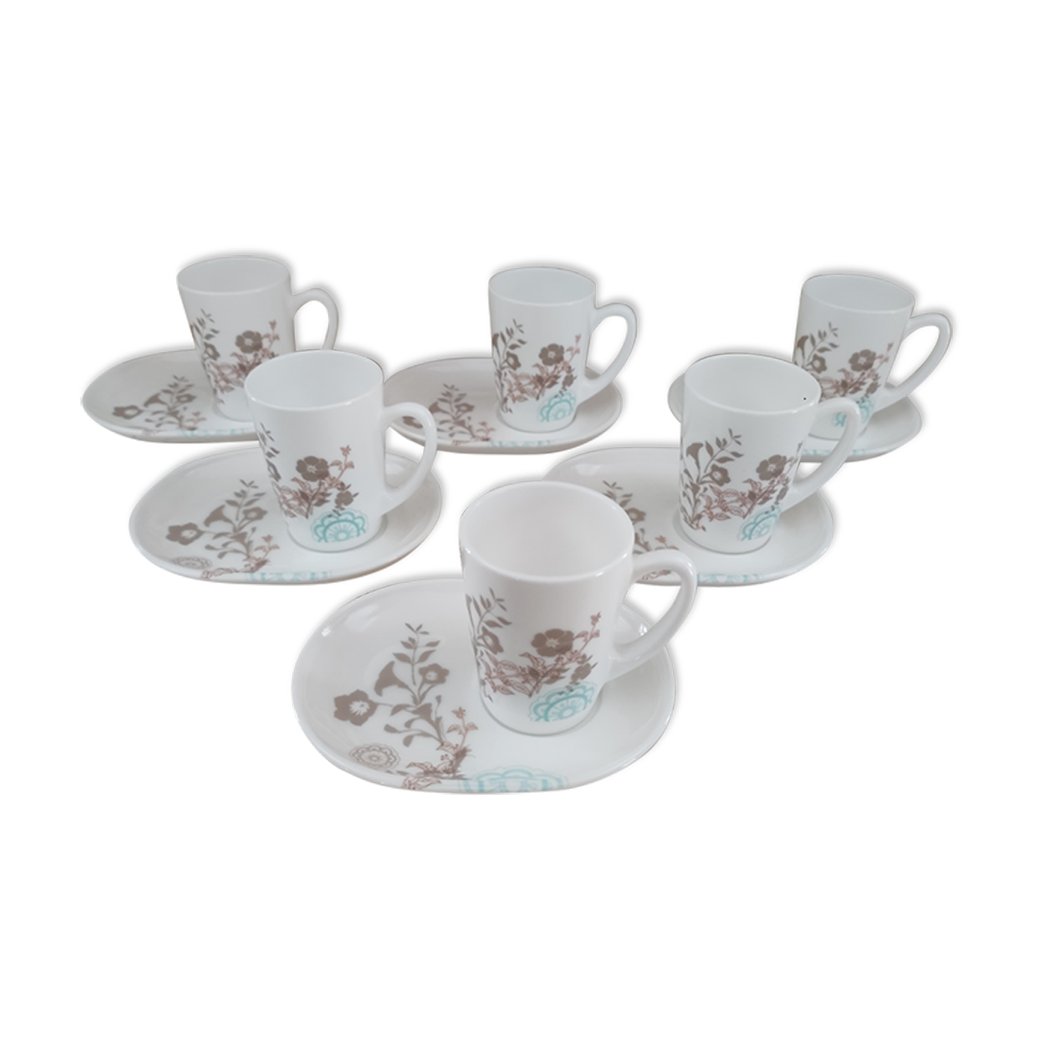 Set of 6 ARC FRANCE espresso coffee cups and undercups with location for sweets