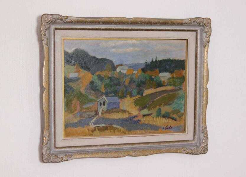 Original mid-century Swedish oil on panel – “Landscape with House” – vintage & framed – 42 × 52 cm (16.5" × 20.5")
