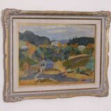 Original mid-century Swedish oil on panel – “Landscape with House” – vintage & framed – 42 × 52 cm (16.5" × 20.5")