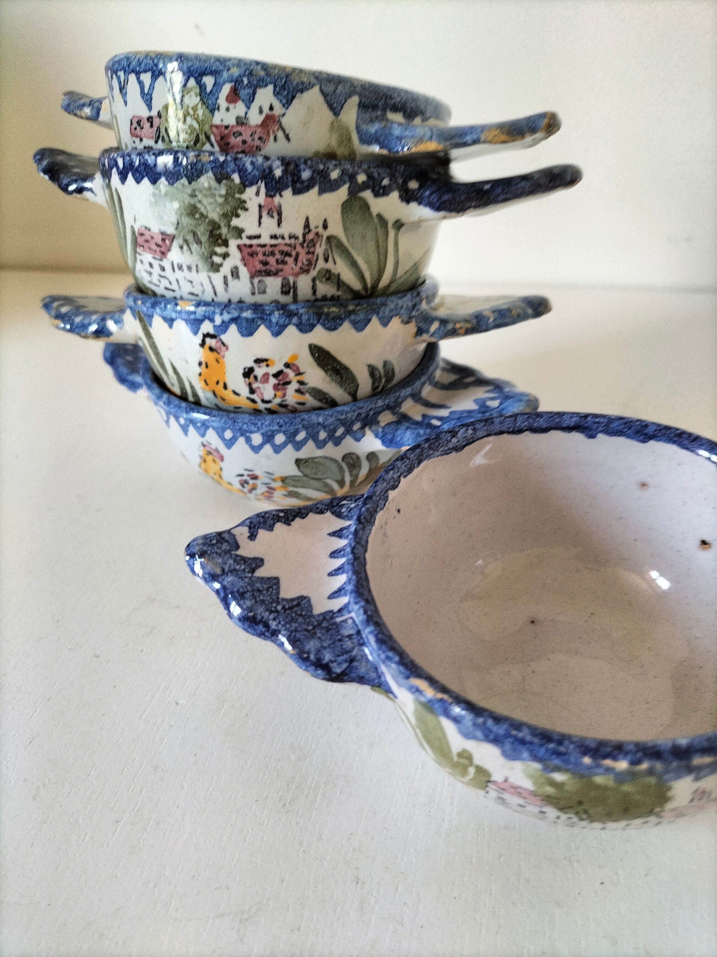 5 mini earthenware bowls from Charolles decorated with a village and rooster.