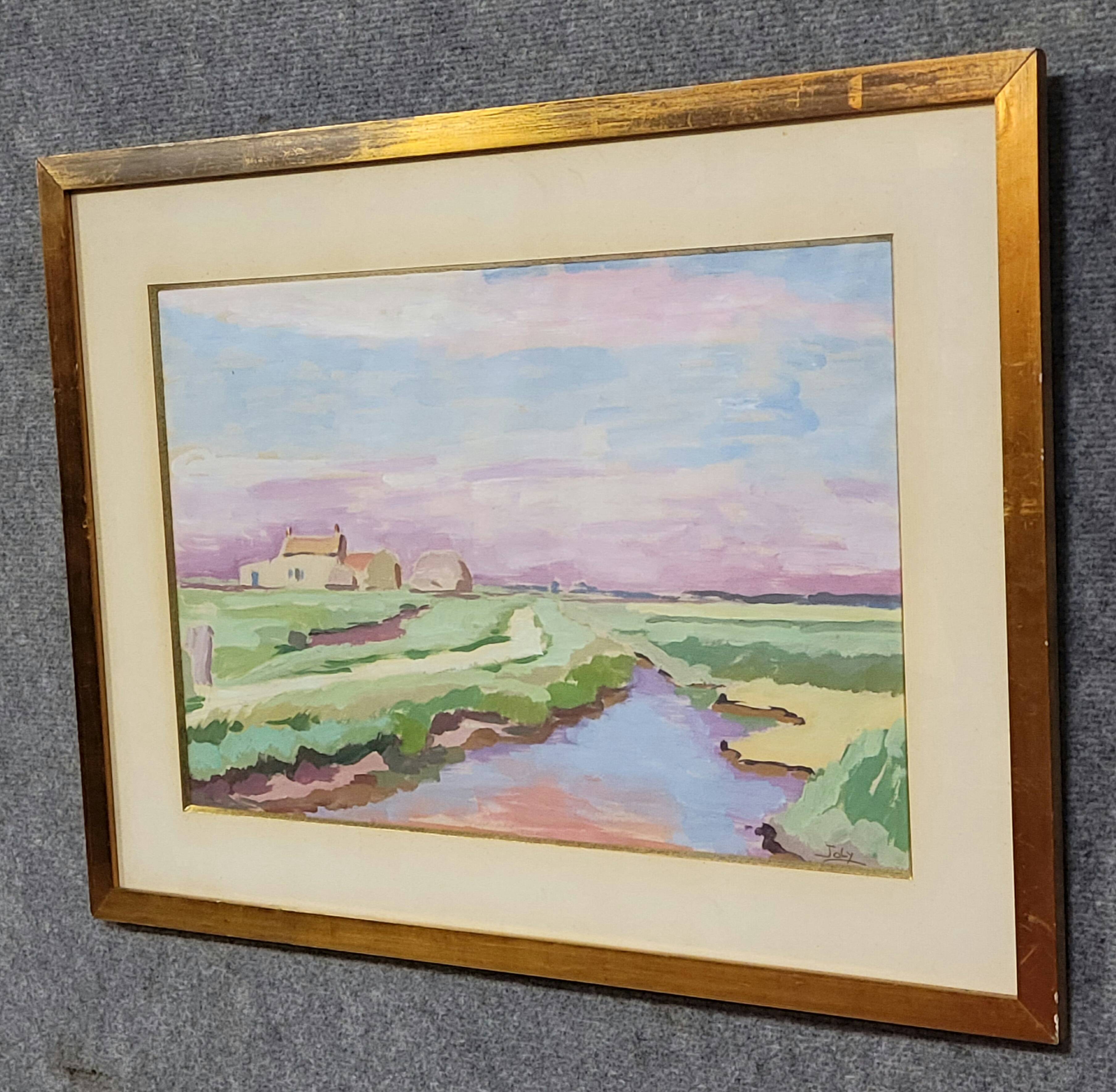 Gouache on paper depicting a marsh landscape