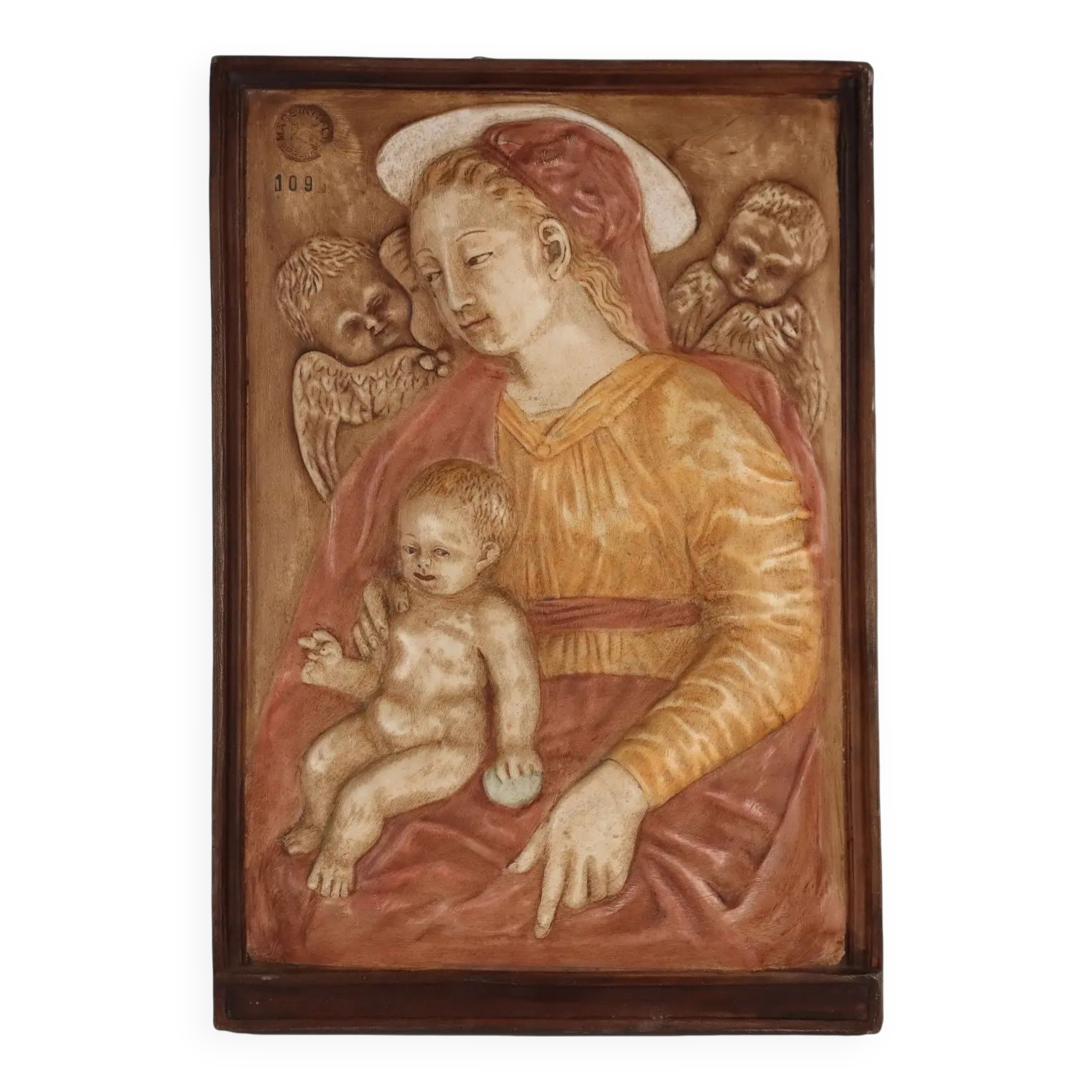 Ancient sculpture of the Virgin Mary Italy '900 bas-relief painting in plaster
