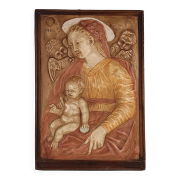 Sculpture ancienne Vierge Marie Italie '900 peinture bas-relief en plâtre