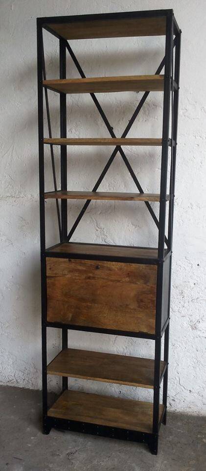 Industrial shelf made of solid exotic mango wood with riveted metal.