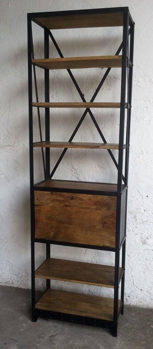 Etagère indus bois exotique massif de manguier métal riveté
