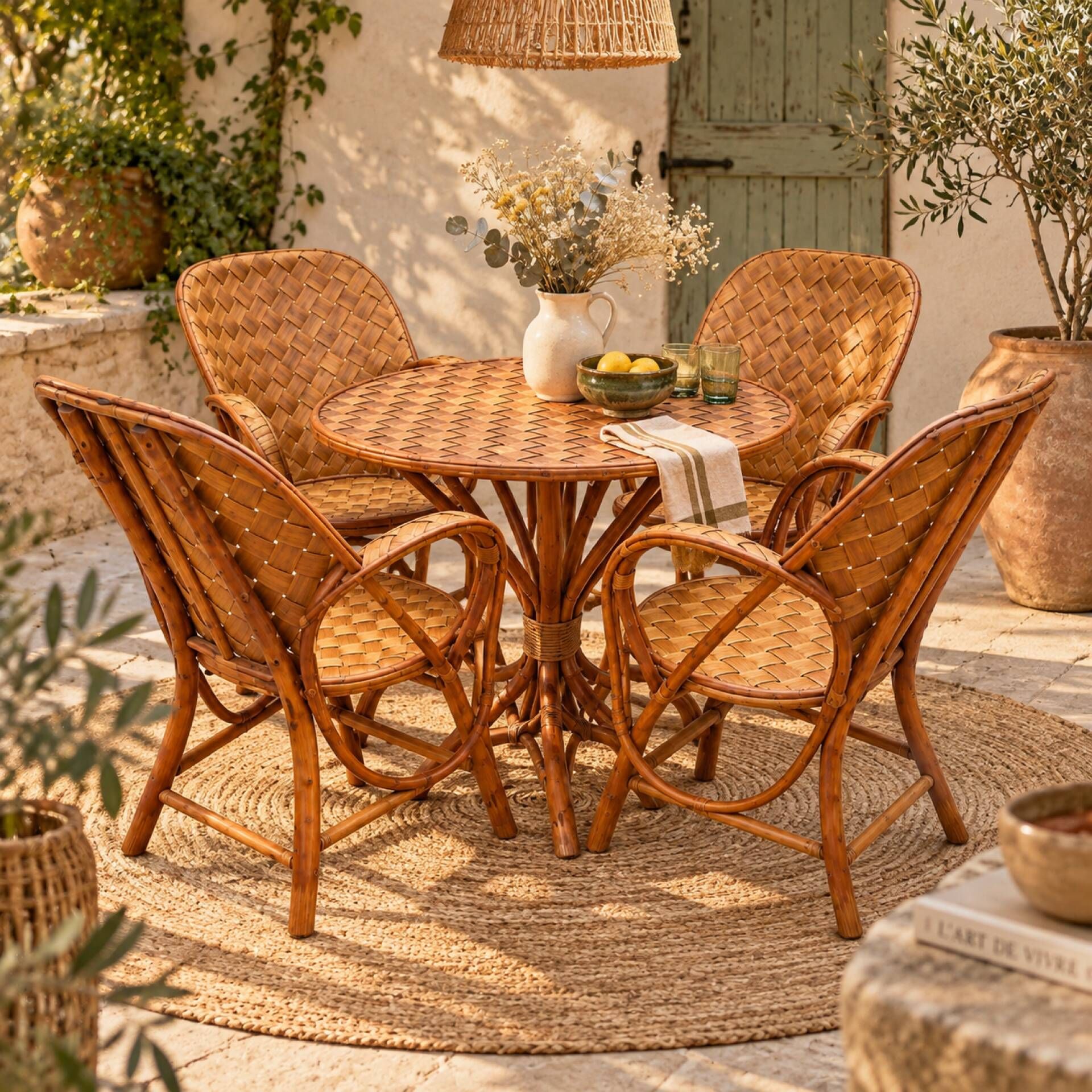 Ensemble de jardin vintage en rotin tressé –table ronde et 4 fauteuils