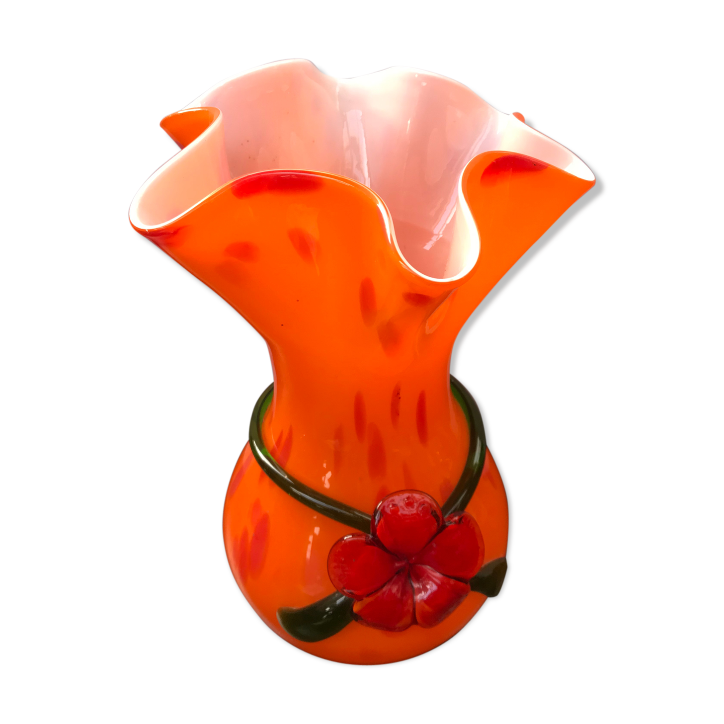 Vase verre multicouche orange col corolle vintage