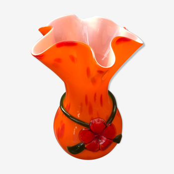 Vase verre multicouche orange col corolle vintage