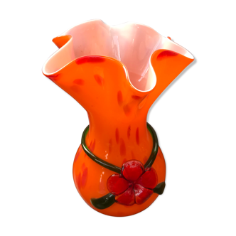 Vase verre multicouche orange col corolle vintage