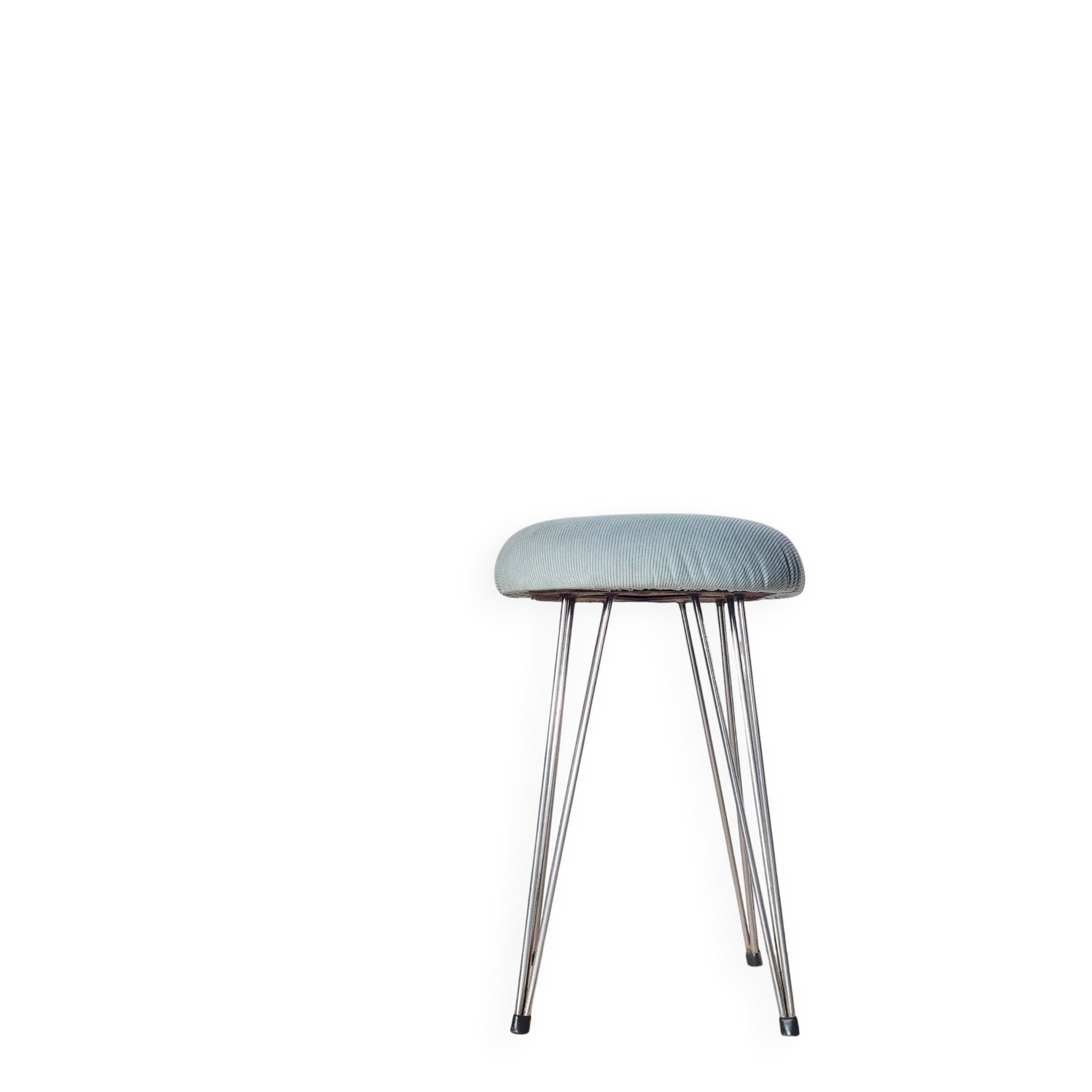Vintage 1950s stool, metal tapered legs and velvet.