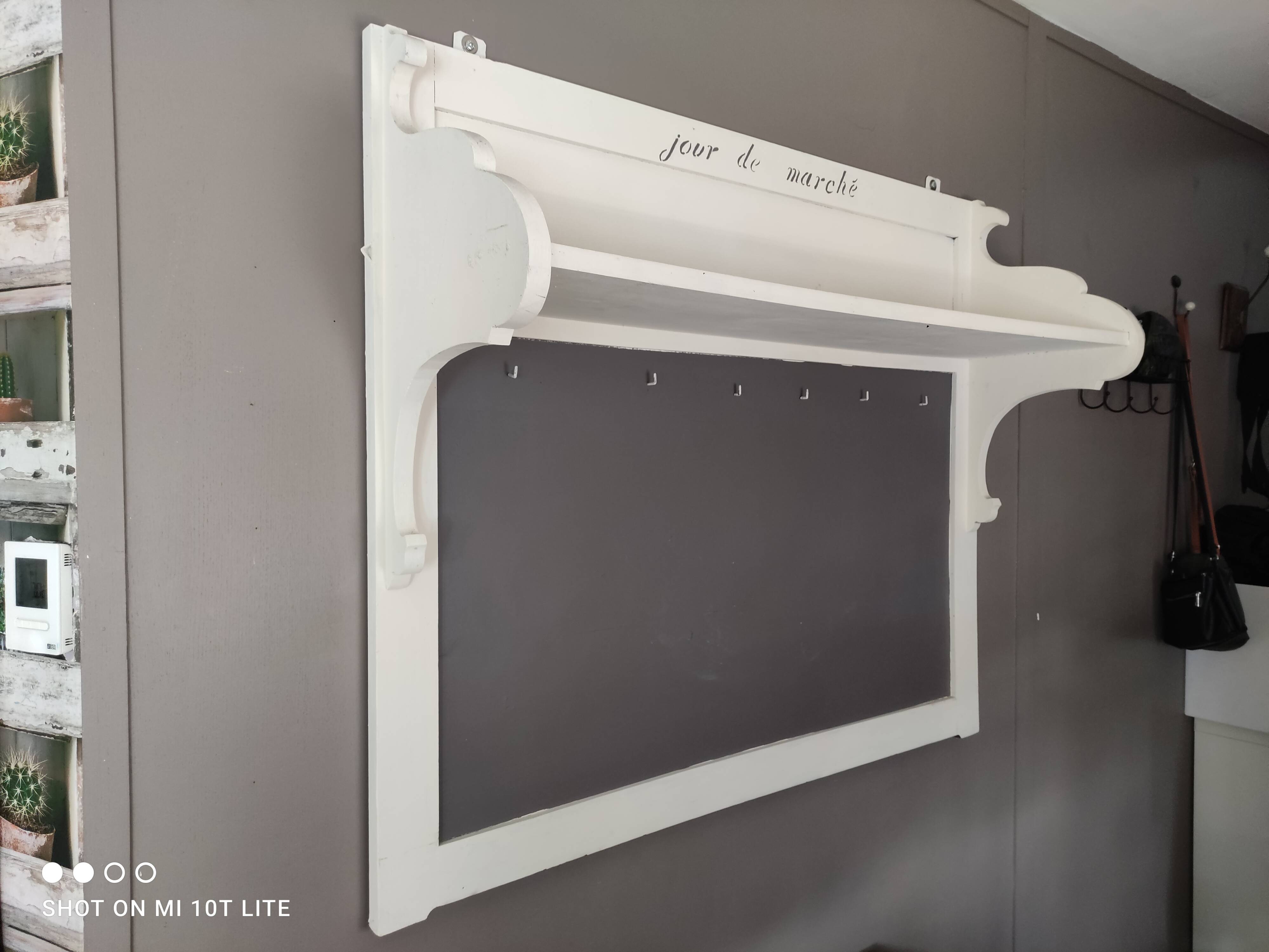 Old white and taupe “Market Day” oak shelf