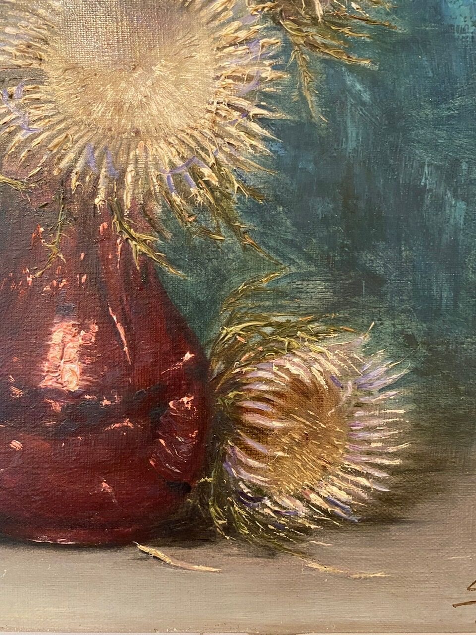 Old painting, still life with thistles signed C.Jung, 1928