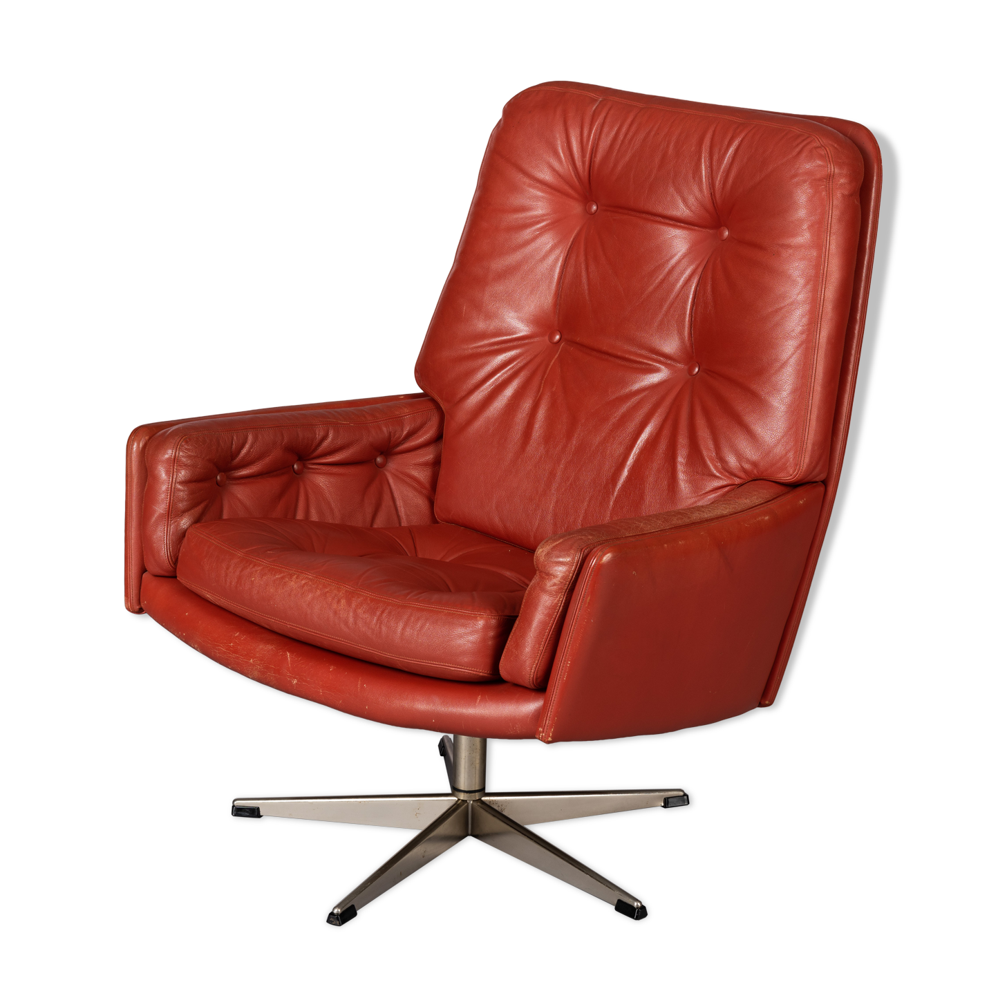 Danish red leather swivel chair, 1960
