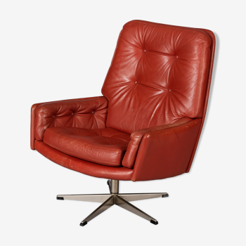 Danish red leather swivel chair, 1960