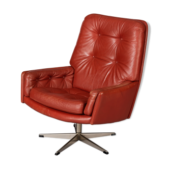 Danish red leather swivel chair, 1960