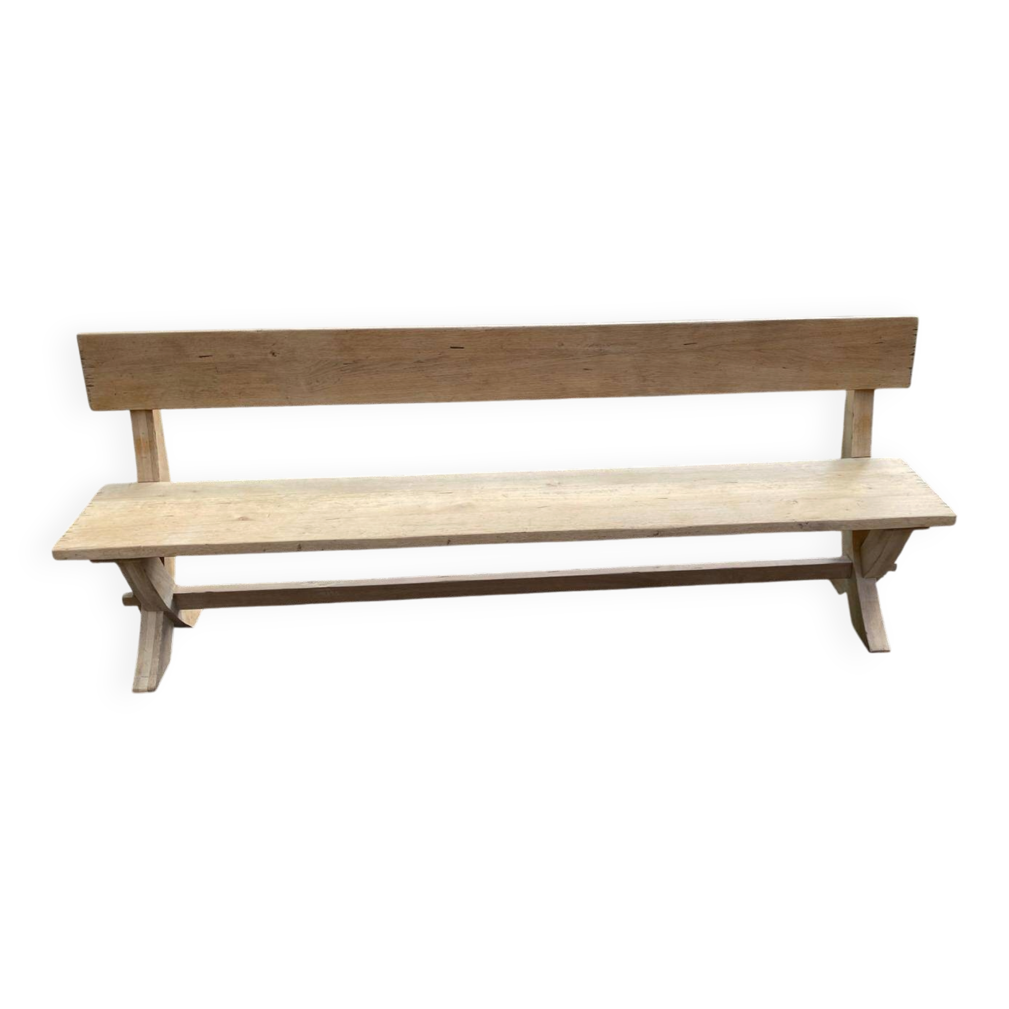 Banc de monastère à dossier 220 cm rénové en chêne massif brut piètement X