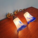Pair of wall lights in bronze and marmoreal glass