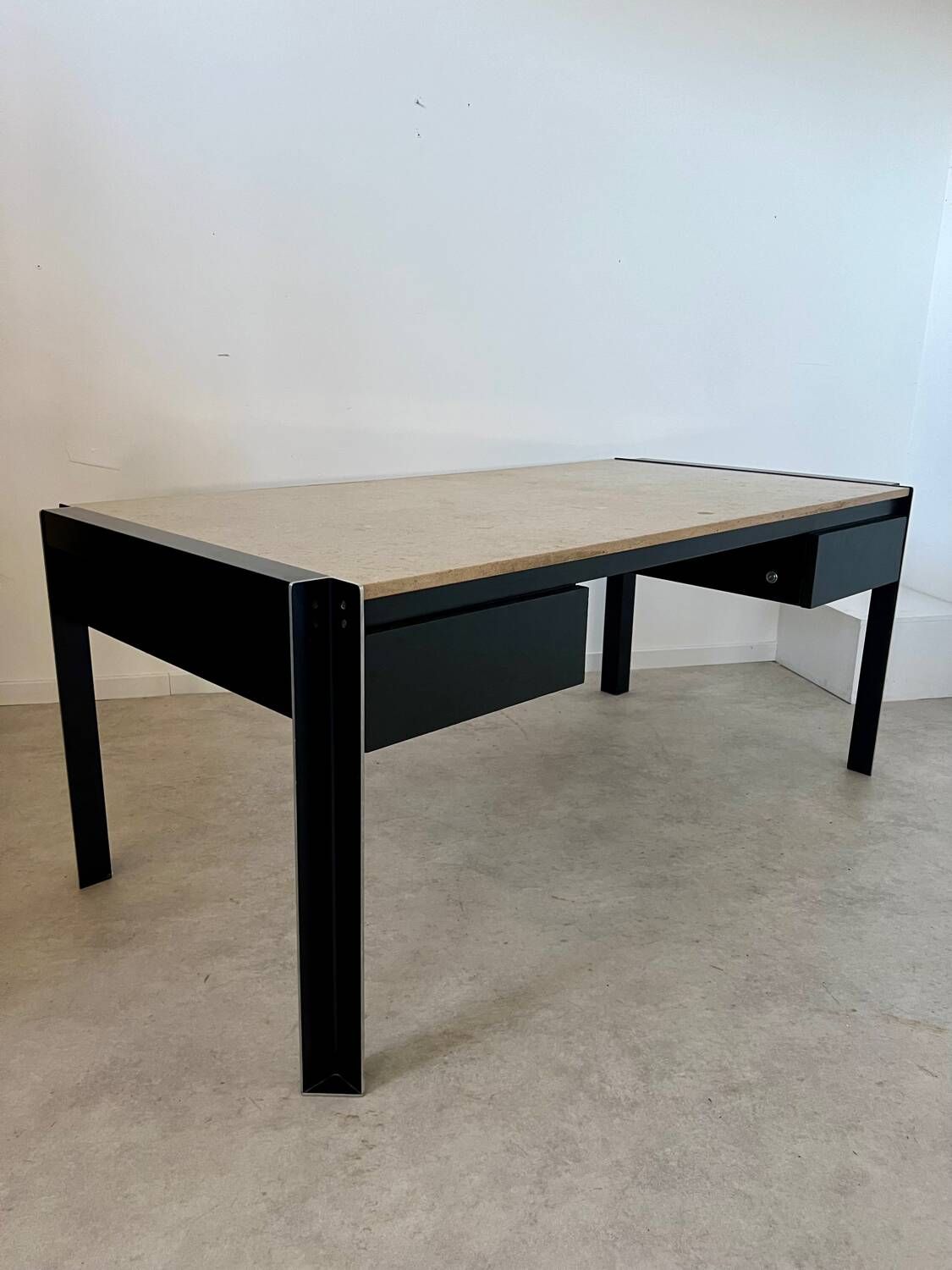 Italian design postmodern desk in metal and vintage 80s travertine top