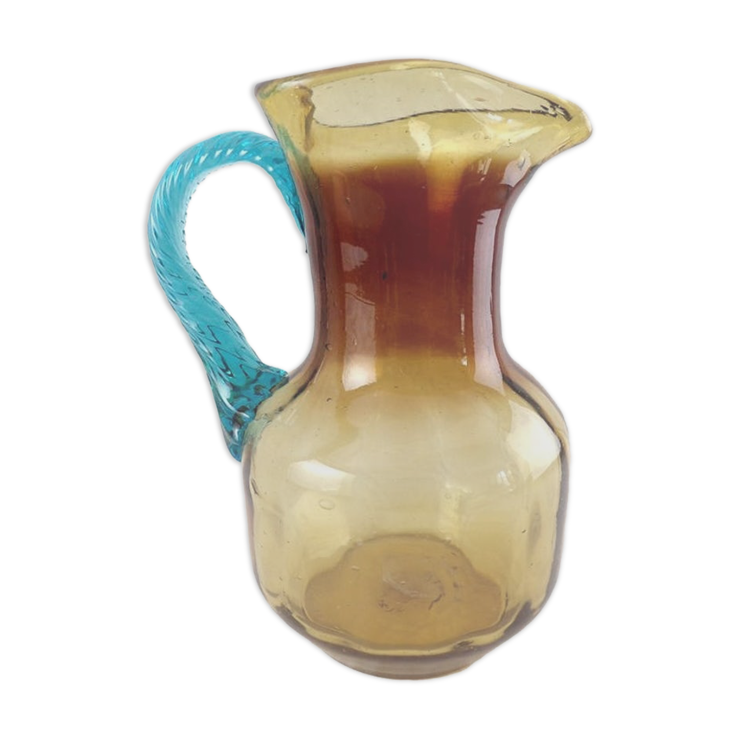 Pitcher in blown glass Portieux model Georges Sand amber and vintage blue France