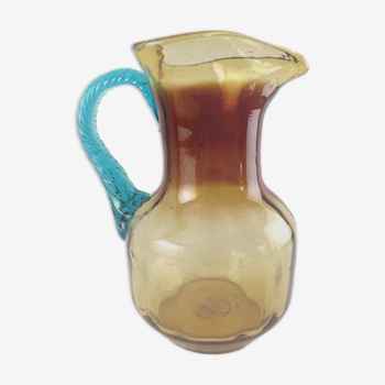 Pitcher in blown glass Portieux model Georges Sand amber and vintage blue France