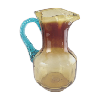 Pitcher in blown glass Portieux model Georges Sand amber and vintage blue France