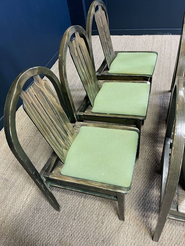 Ensemble de 6 chaises bistrot Baumann Argos bois et tissu vert années 80 France