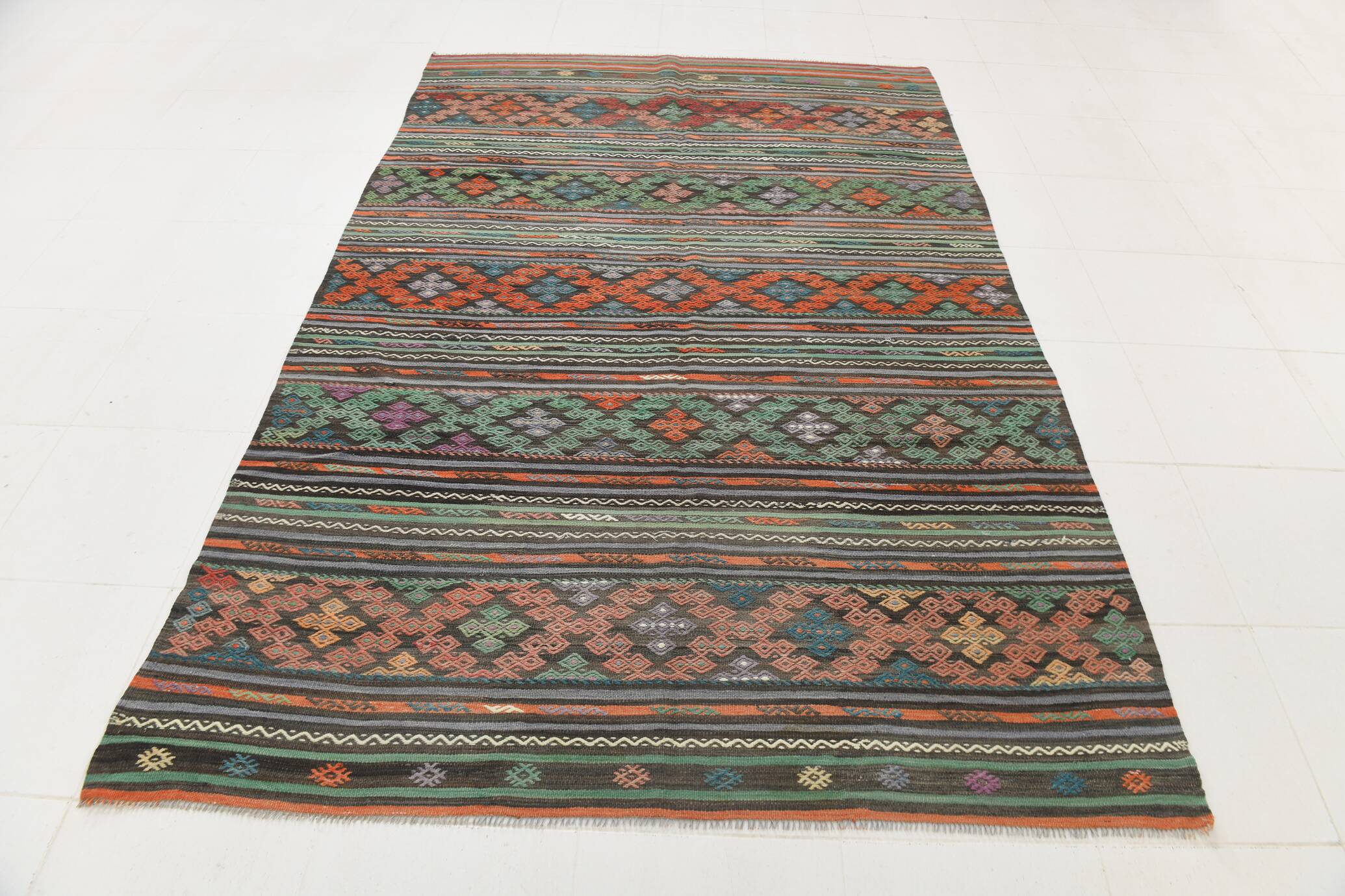 6x9 Blue & Green Striped Kilim Rug, 180x271Cm
