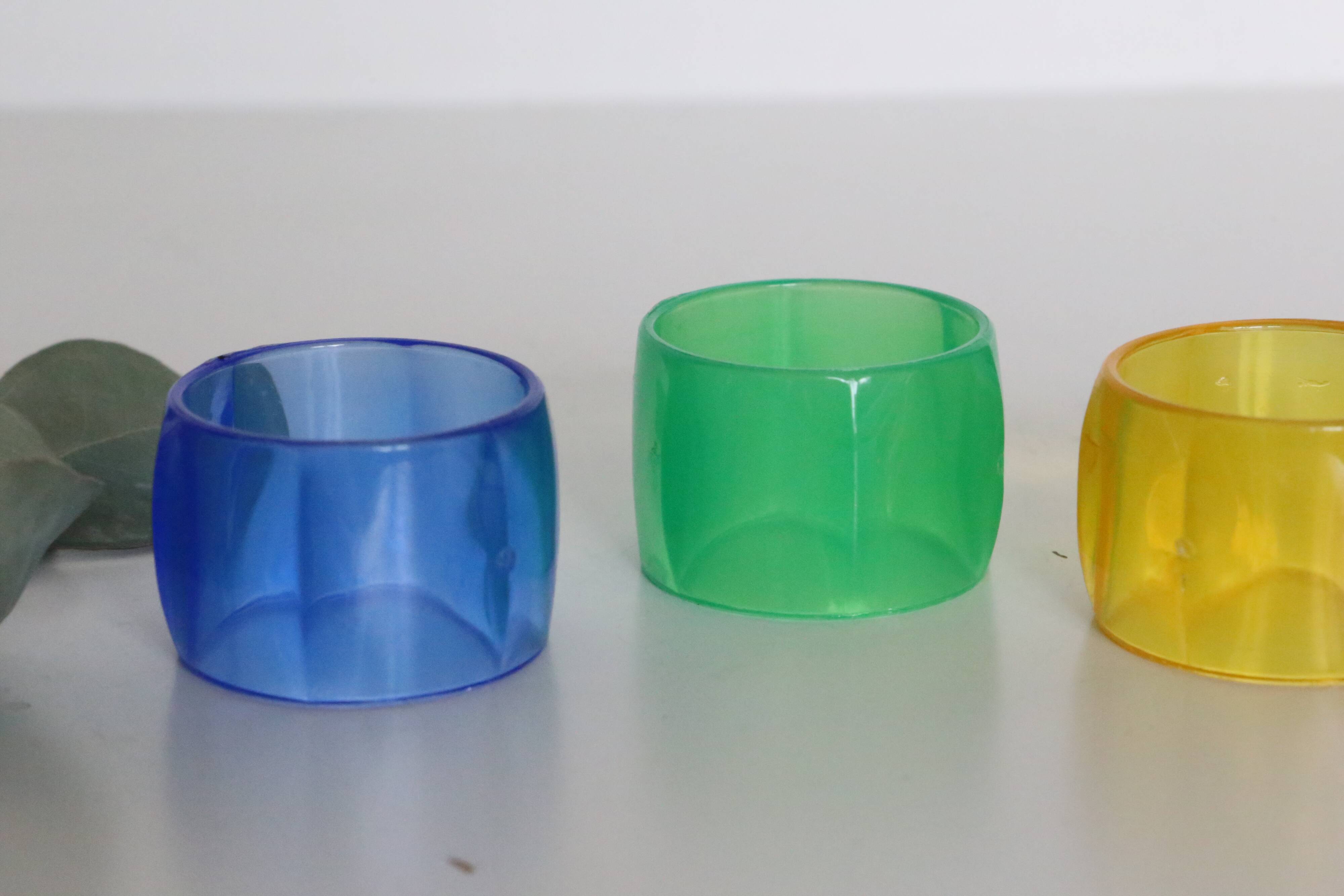Colorful towel rings made of translucent plastic, vintage