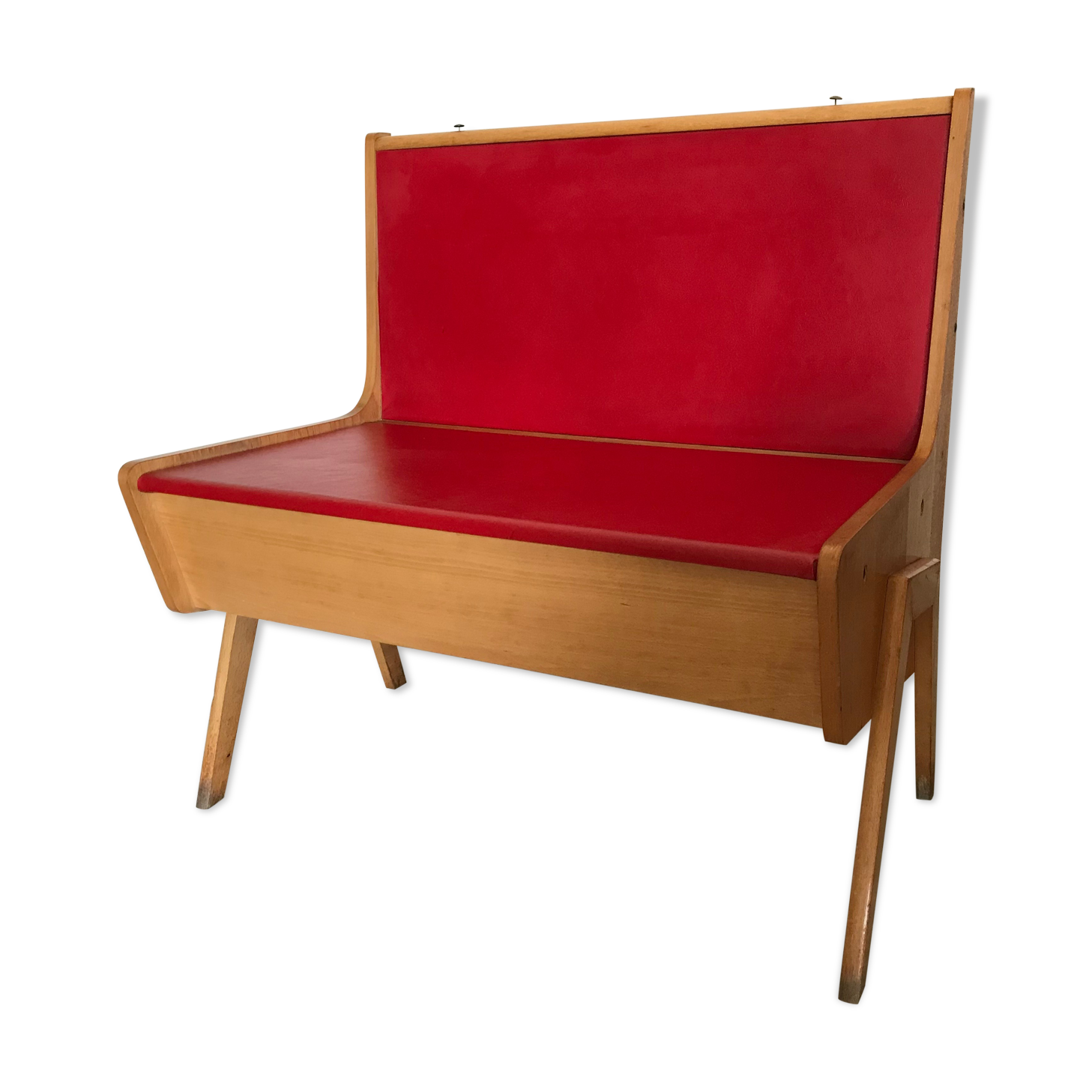 Bench bench-chest vintage 1960-1980's in blond beech and red skaï