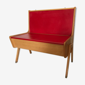 Banc banquette-coffre vintage 1960-1980 en hêtre blond et skaï rouge