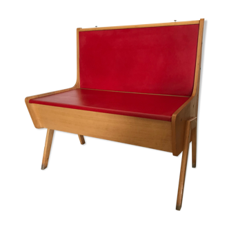 Bench bench-chest vintage 1960-1980's in blond beech and red skaï
