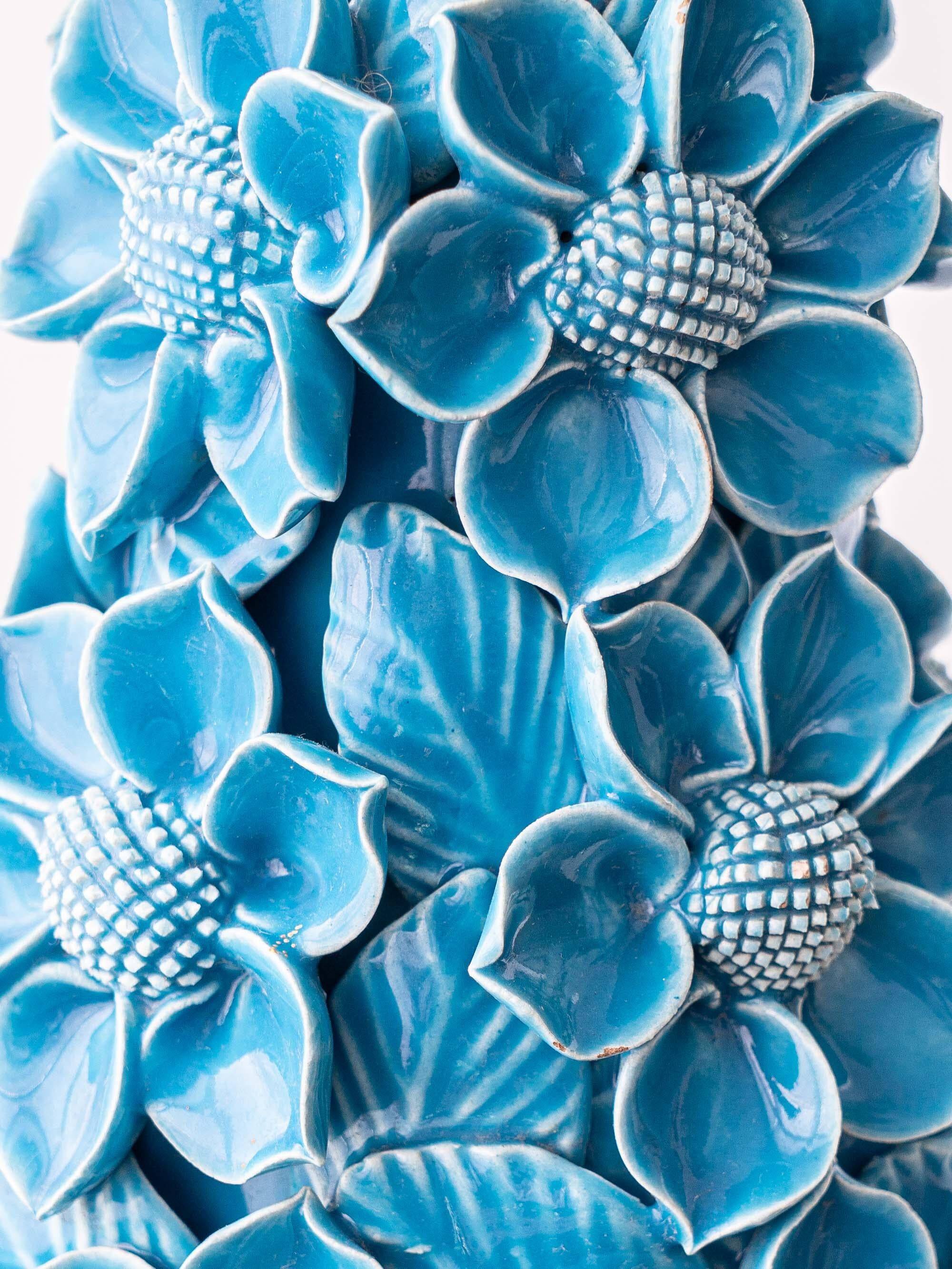 Turquoise glazed ceramic floral table lamp from Manises mid-century, with a new silk shade.