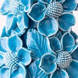 Turquoise glazed ceramic floral table lamp from Manises mid-century, with a new silk shade.