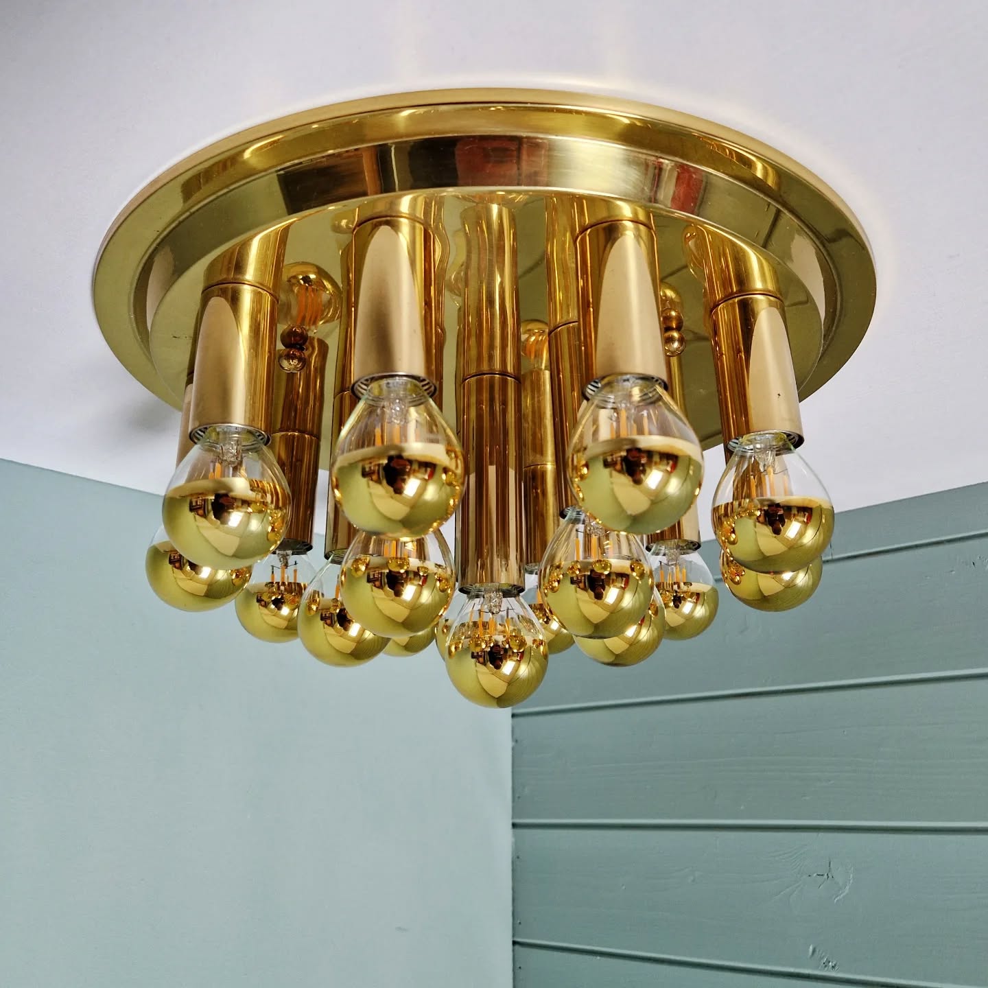 Large circular brass ceiling light, Space Age design, 1970s.