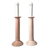Pair of vintage salmon pink candlestick shaped ceramic lamp bases