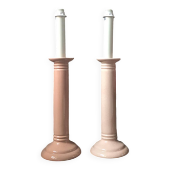 Pair of vintage salmon pink candlestick shaped ceramic lamp bases