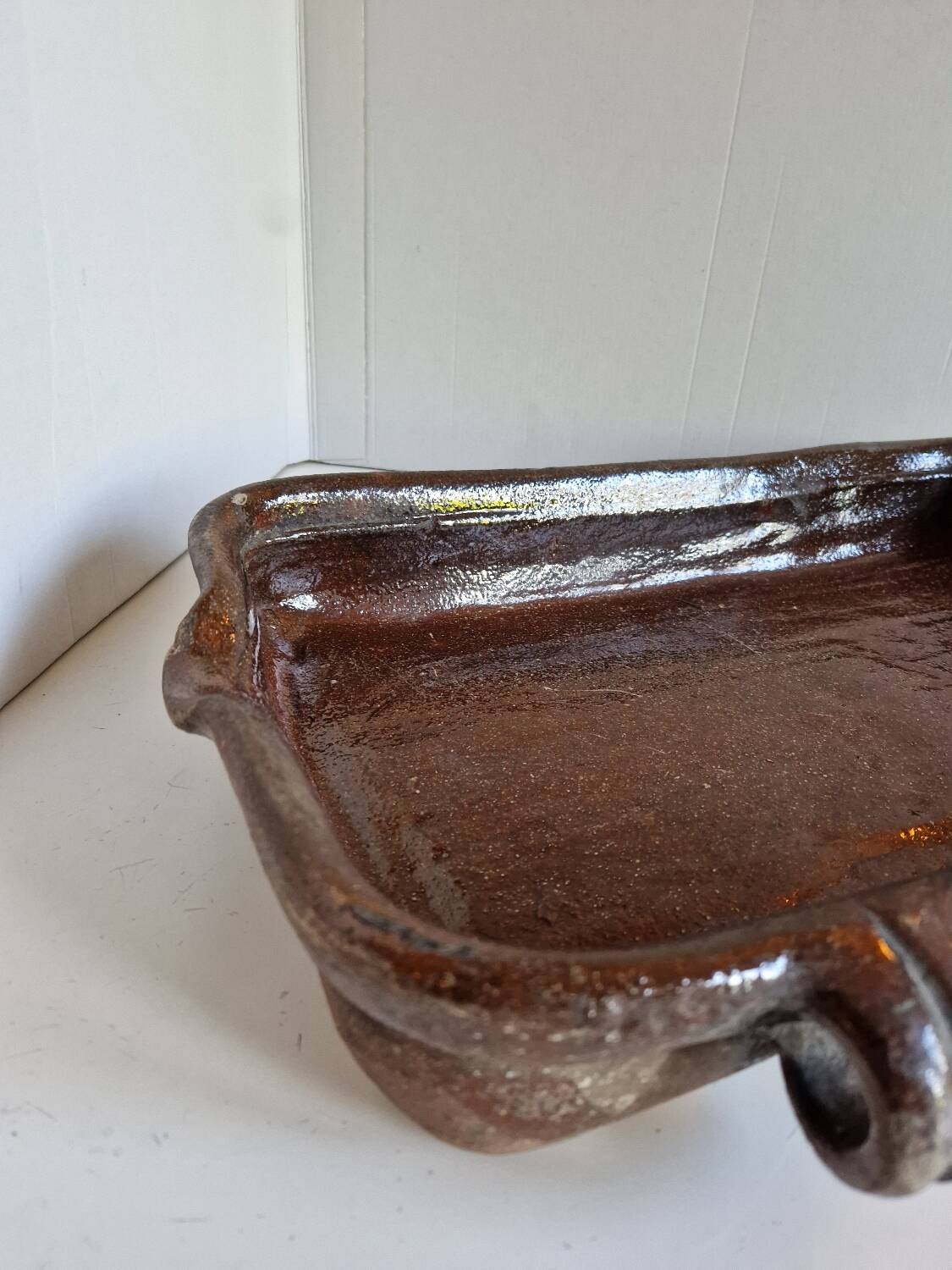 Ancien Plat À Jus Lechefrite 19e Terre Cuite Vernissée Art Populaire