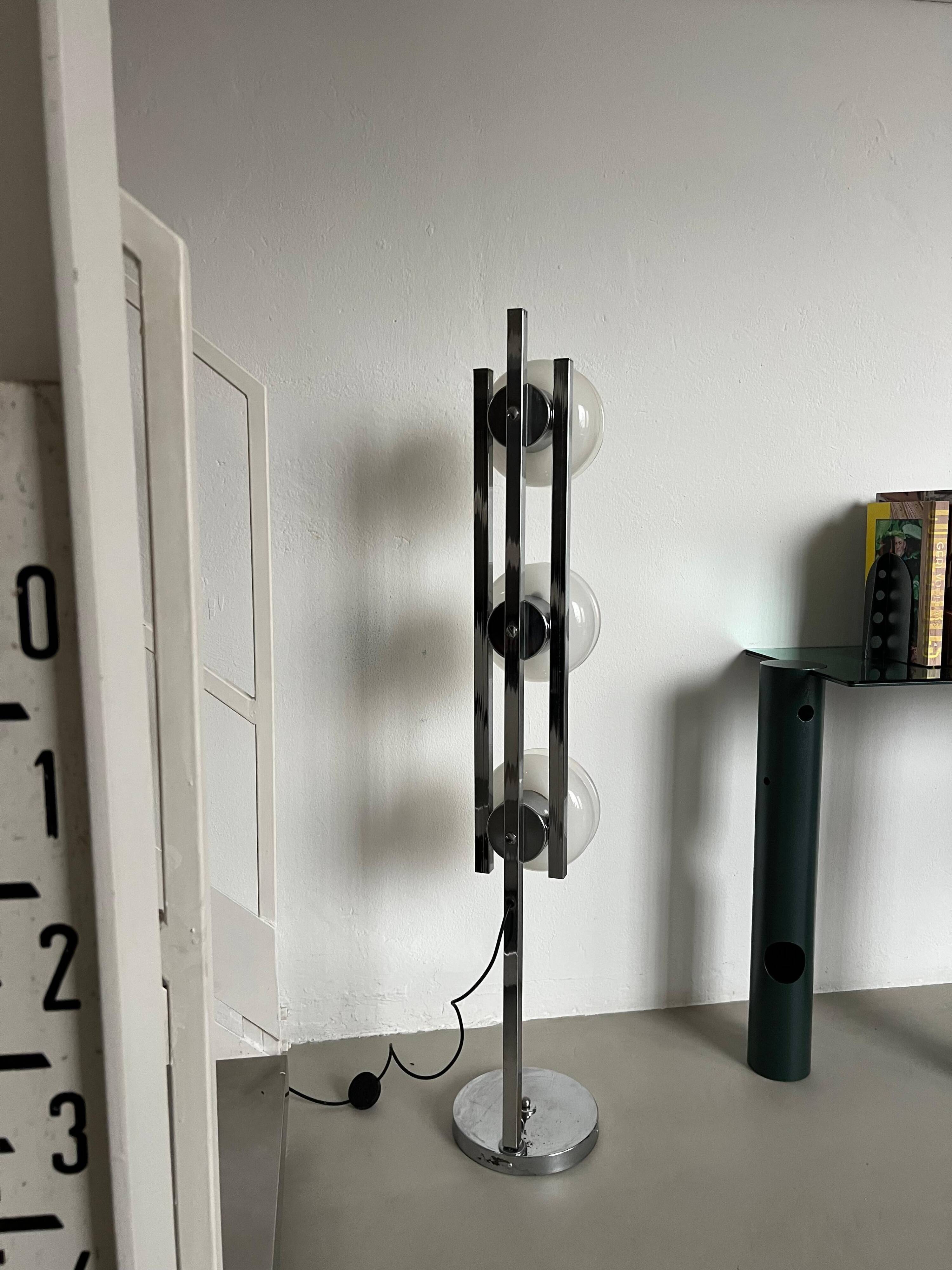 Vintage Italian Floor Lamp in Chromed Metal and Glass with Three Faded Shades